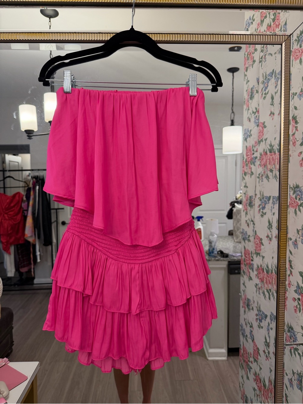 vestique Hot Pink Tiered Off-Shoulder Mini Skirt
